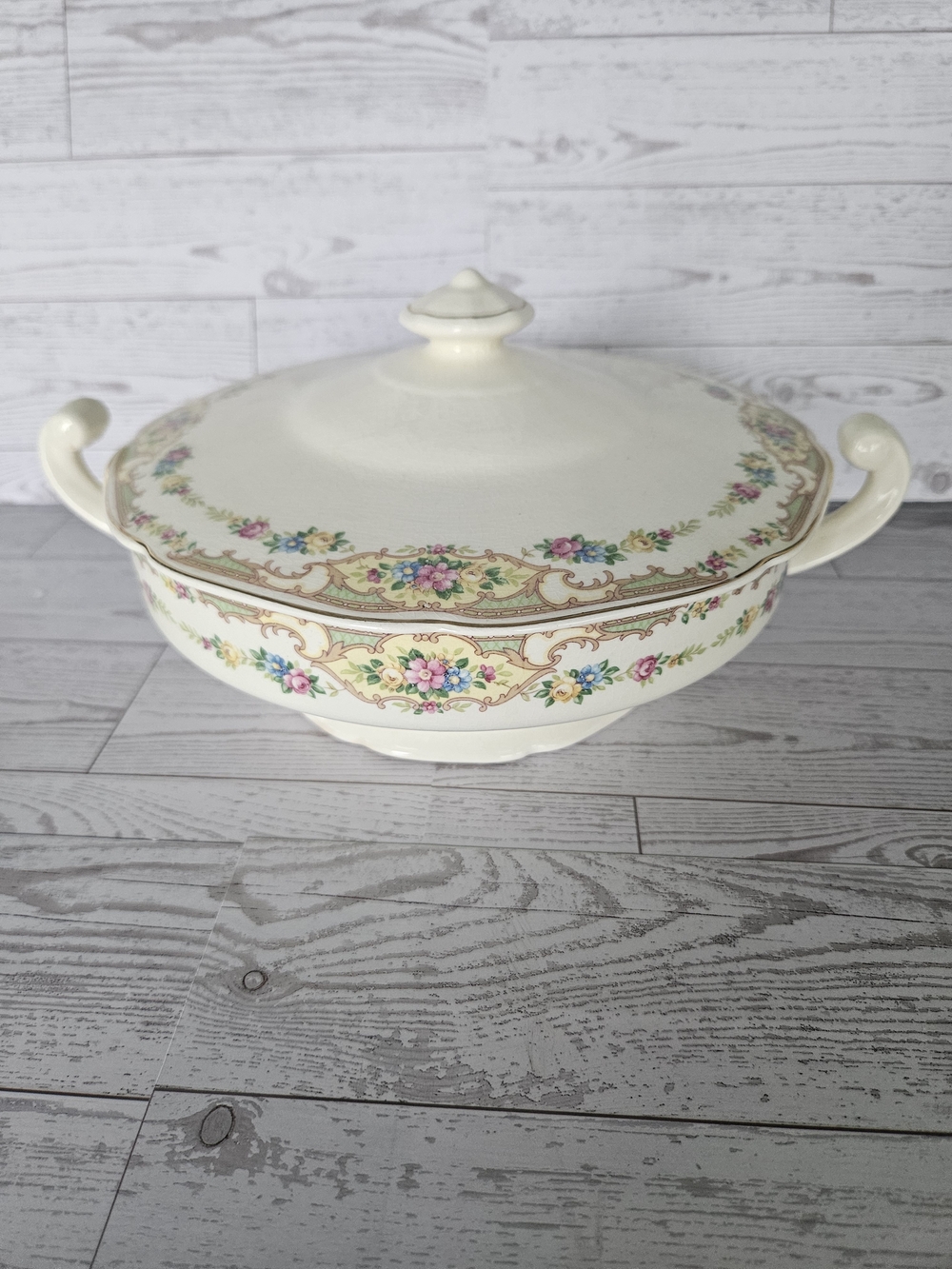 Vintage Cream Floral Covered Serving Bowl with Gold Accent
